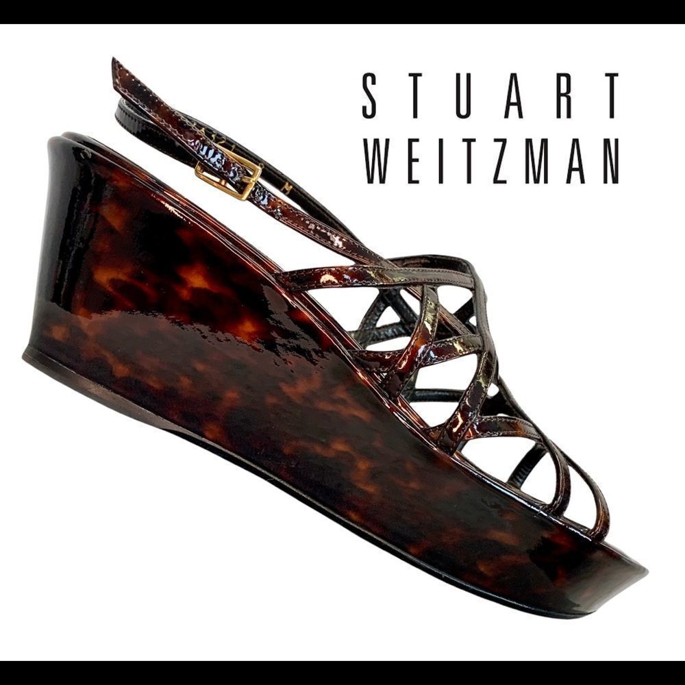 STUART Weitzman tortoise patent strappy wedge sandal Sz 8